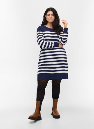 Striped knitted dress in a mix of viscose, Navy Blazer W/Birch, Model image number 2