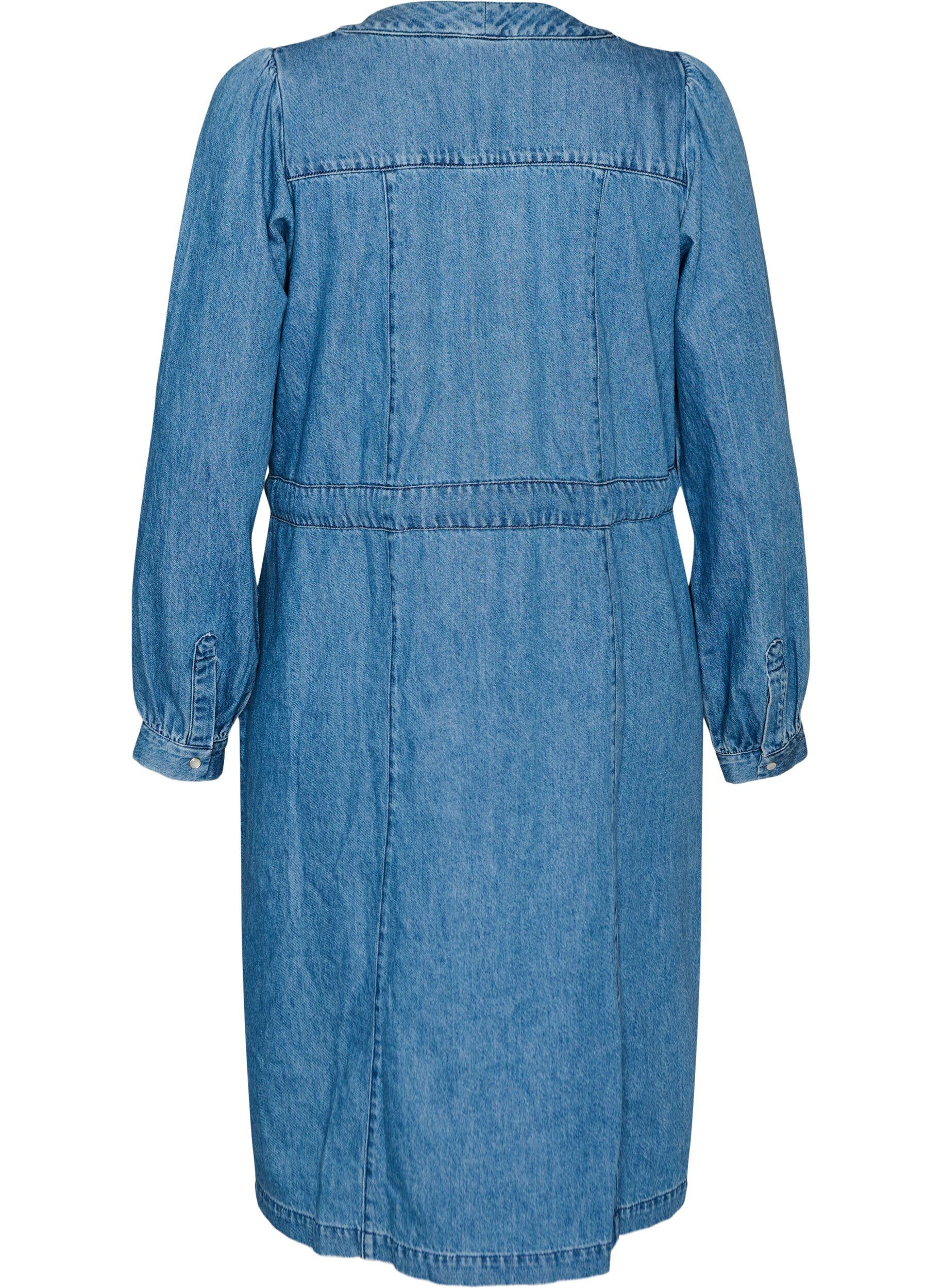 ZizzifashionDenim dress with V-neck and tie-belt, Light Blue, Packshot image number 1