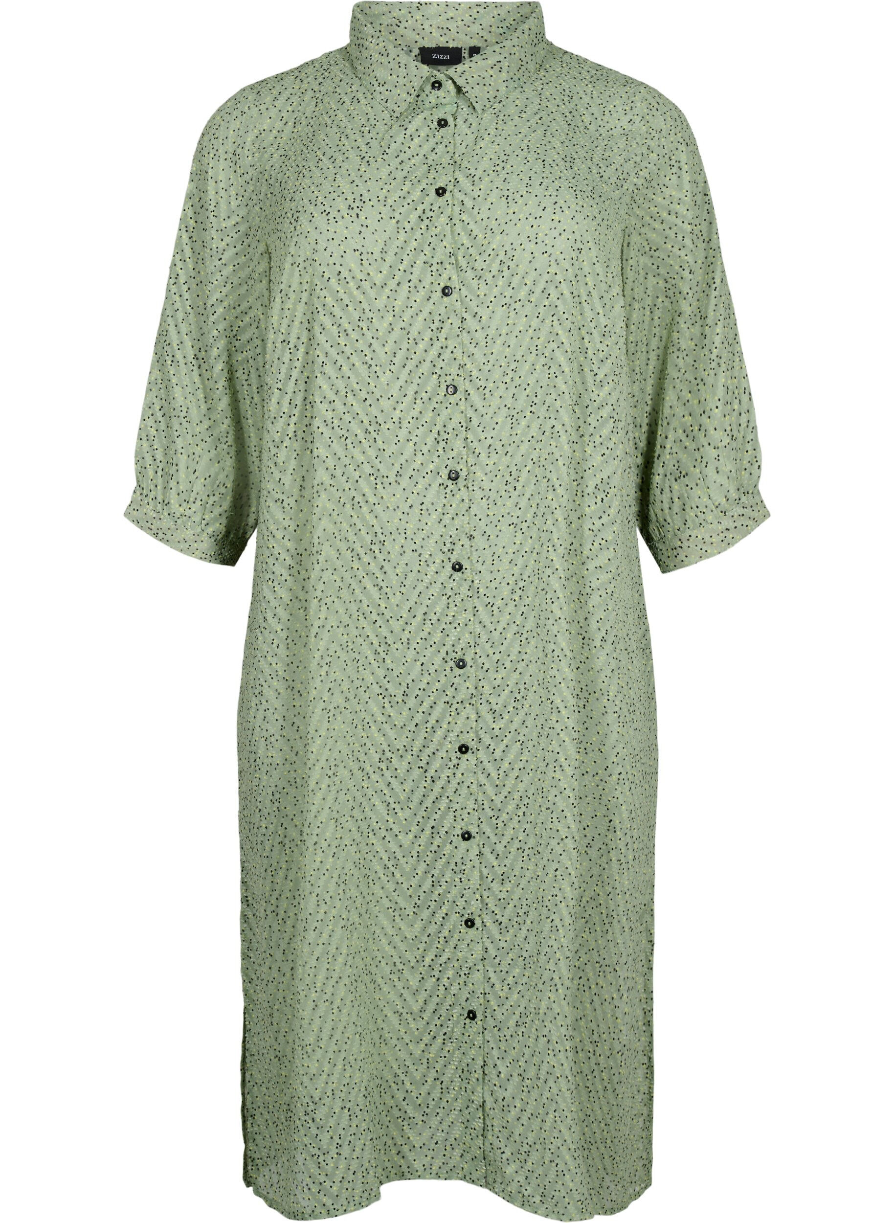 Zizzifashion Dotted shirtdress with 3/4 sleeves and slit, Seagrass Dot, Packshot image number 0