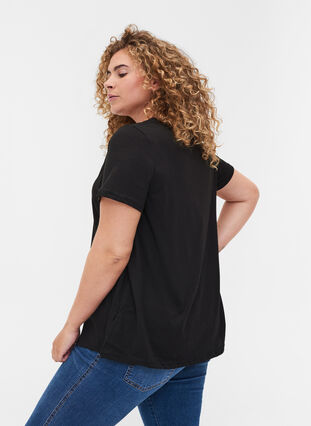 Cotton t-shirt with a-line cut and print, Black, Model image number 1
