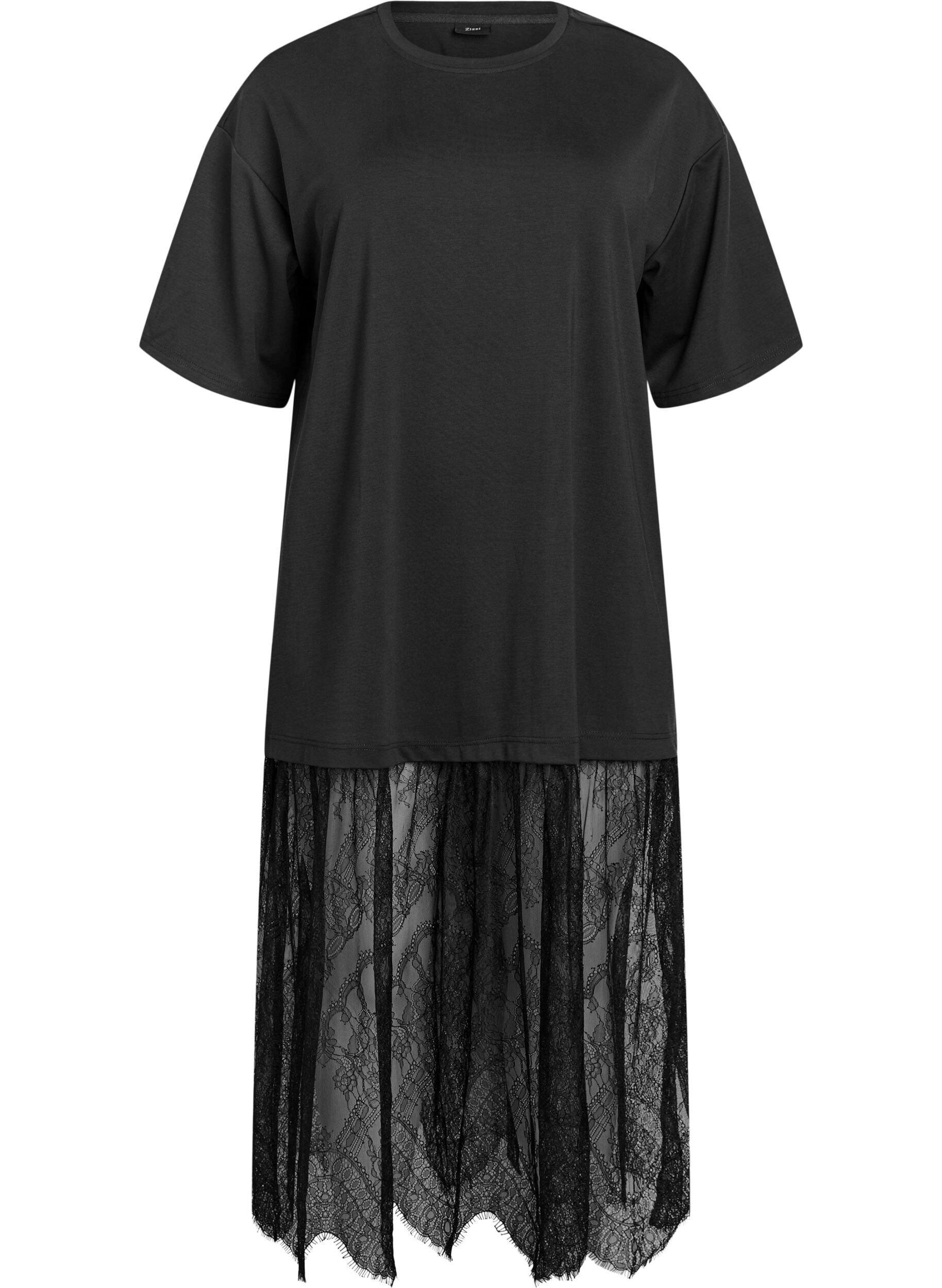 Zizzifashion Jersey T-shirt dress with a lace layer, Black, Packshot image number 0