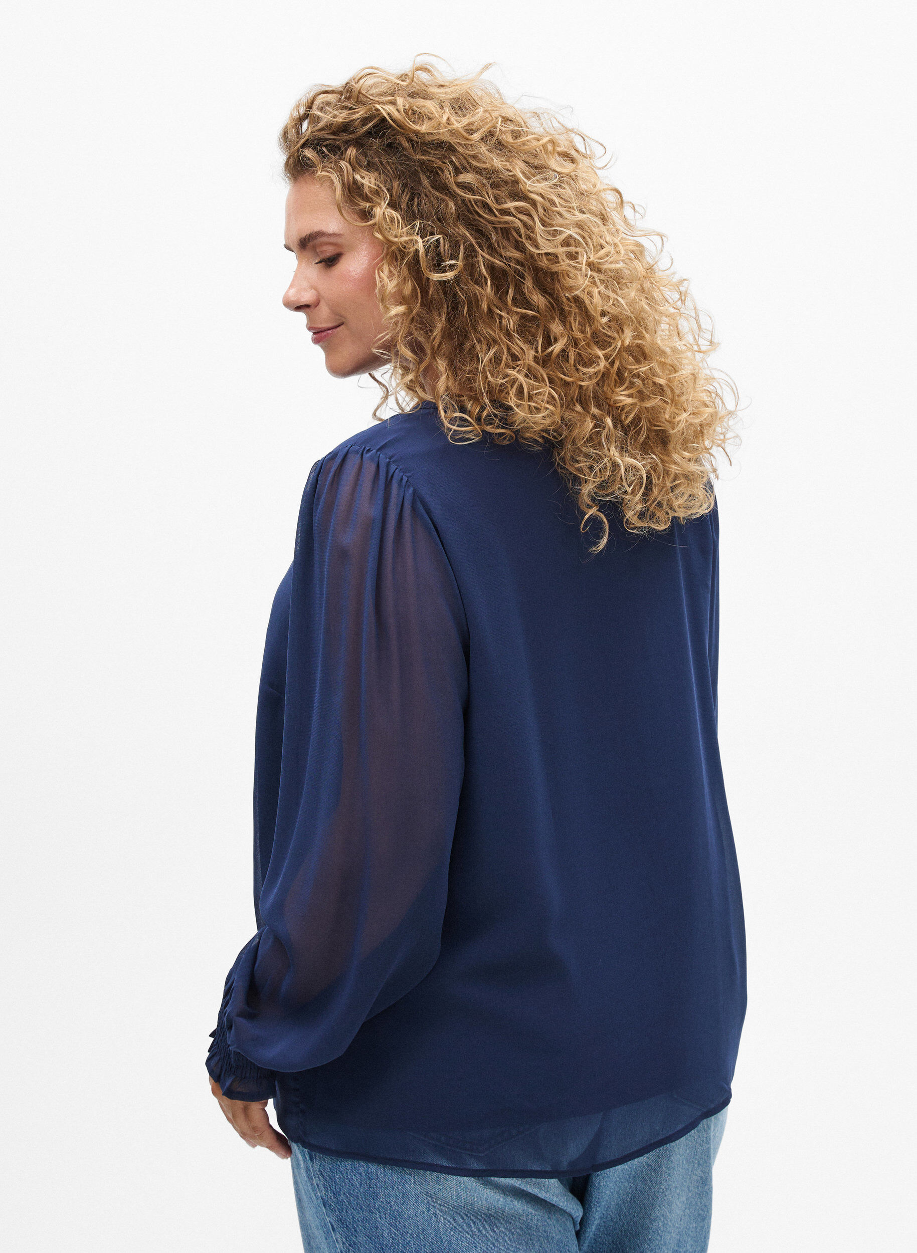 Zizzifashion Blouse with sheer sleeves and smocking, Blue, Model image number 2