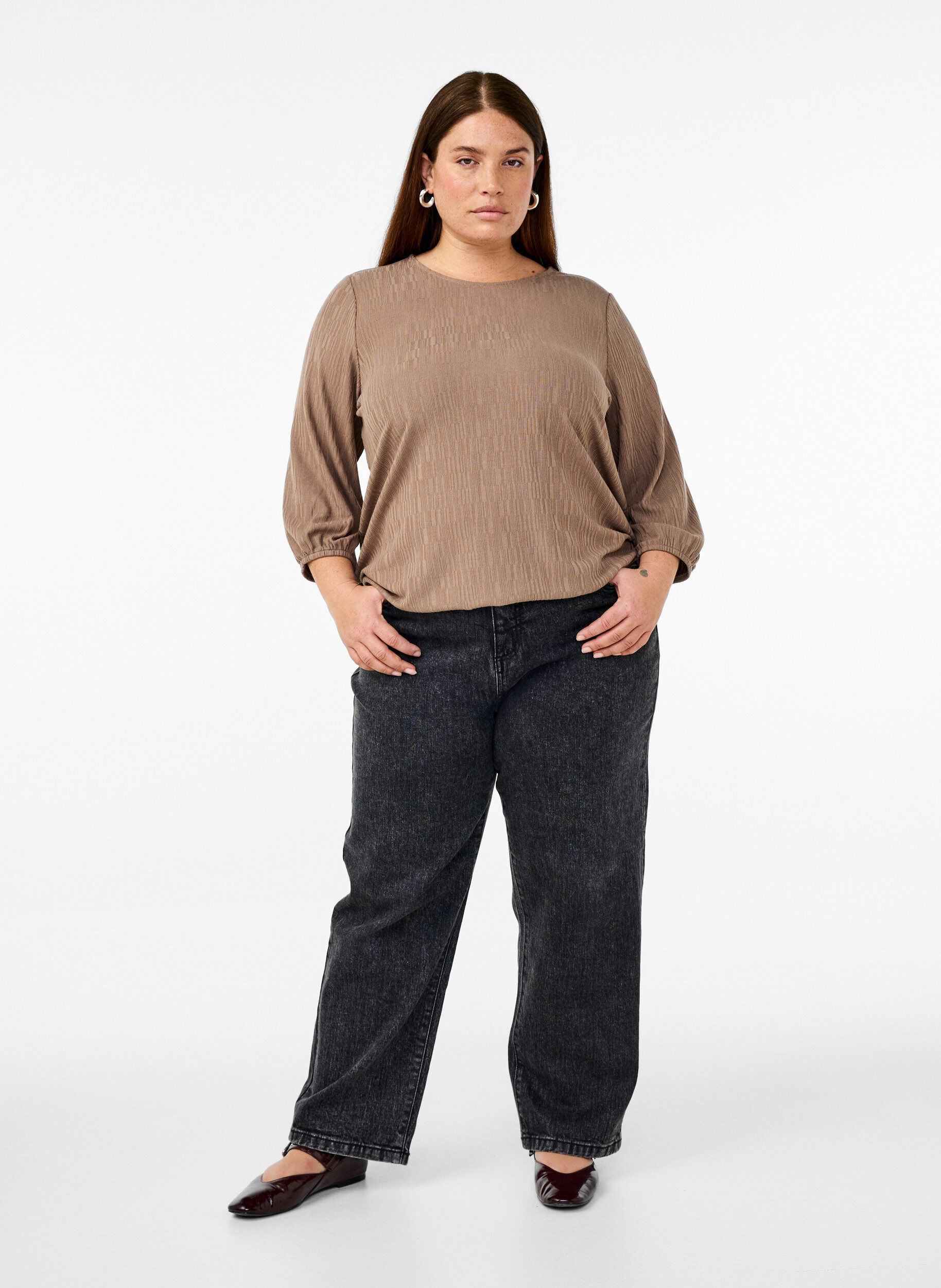 Zizzifashion Blouse with texture and 3/4 sleeves, Brown, Model image number 1