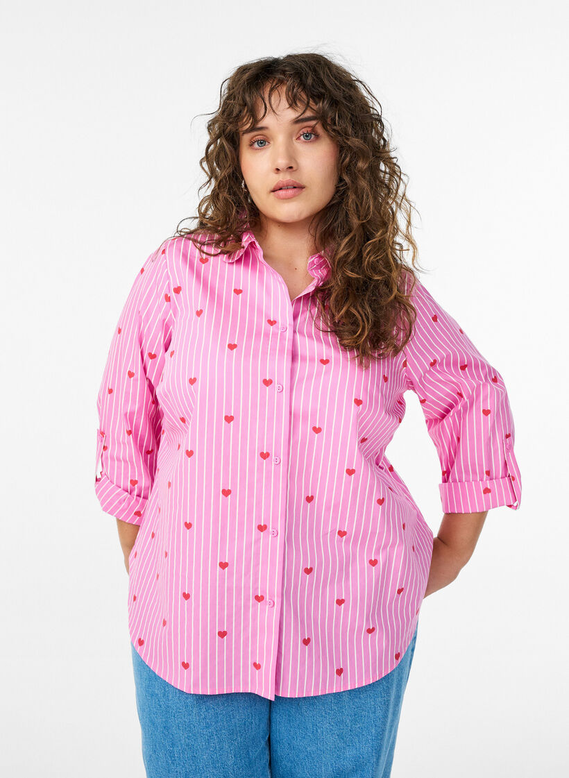 Shirt blouse with stripes and hearts, Pink, Model image number 0