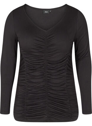 Long sleeve viscose blouse with V-neck and wrinkle, Black, Packshot image number 0