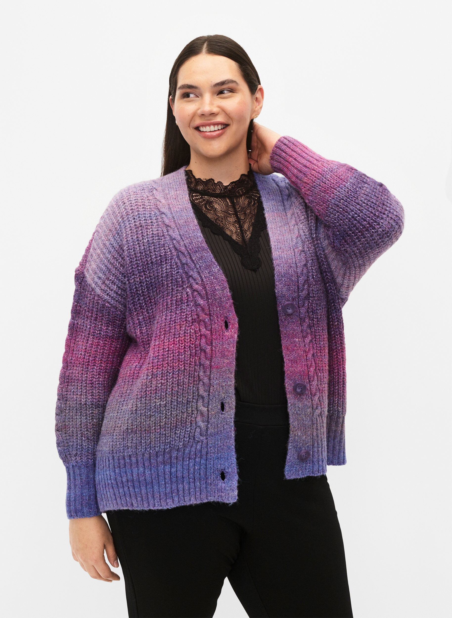 Zizzifashion Melange knit cardigan with buttons, Pansy Mel. Comb, Model image number 0