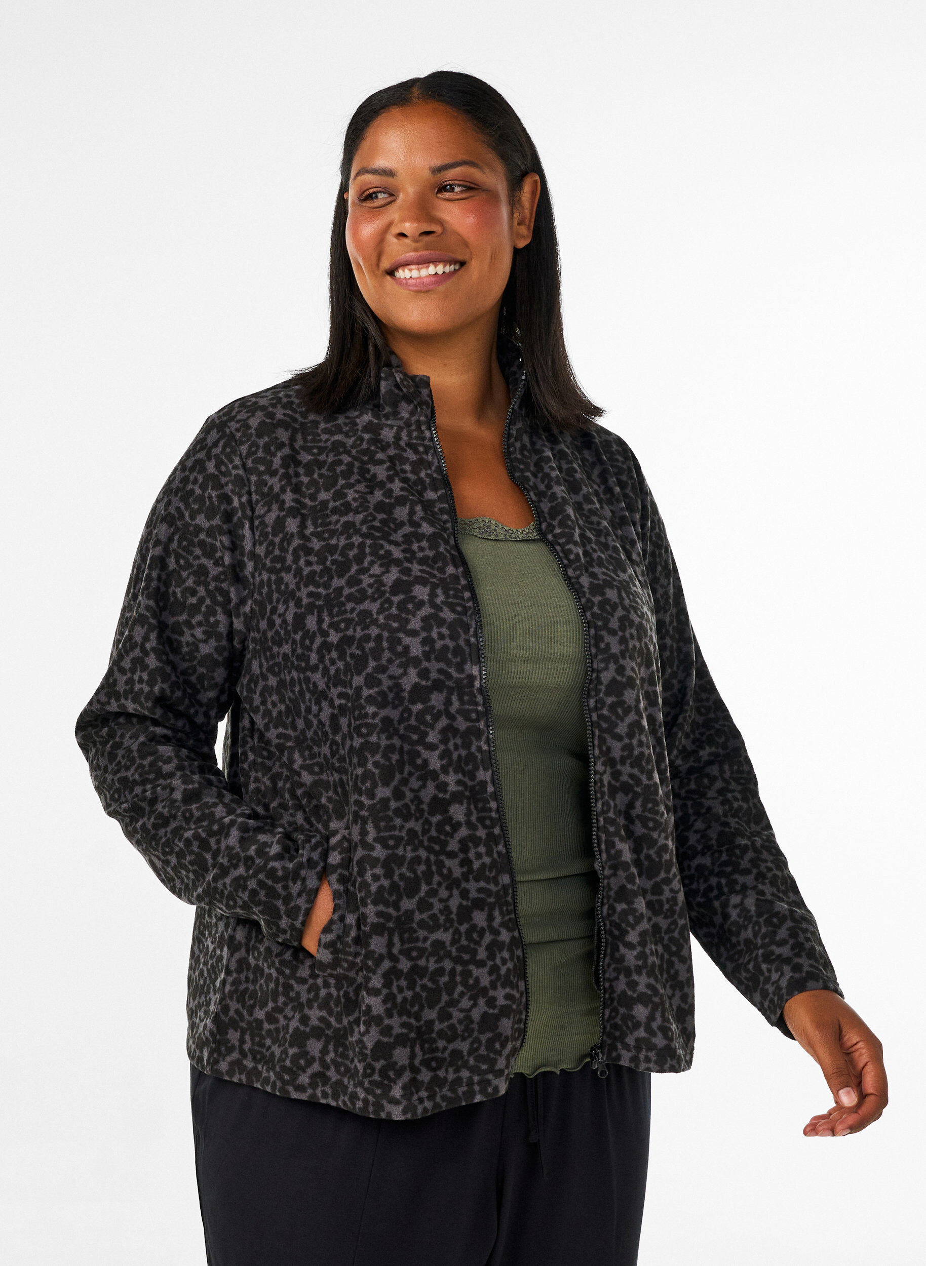 ZizzifashionFleece jacket with leopard print and a high collar, Black, Model image number 0