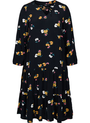 Midi dress with print made of 100% viscose, Black Flower, Packshot image number 0
