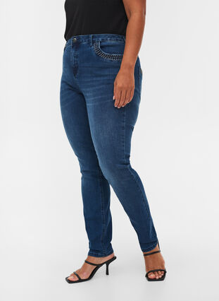 High rise, studded Nille jeans with studs, Medium Blue denim, Model image number 3