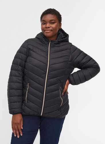 Quilted lightweight jacket with hood and pockets, Black, Model image number 0