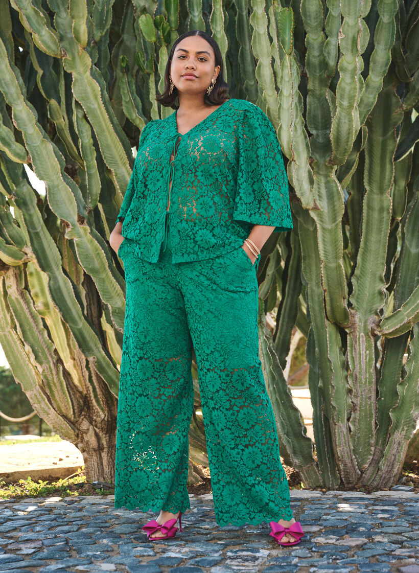 Lace trousers with a high waist and pockets, Green, Image image number 0
