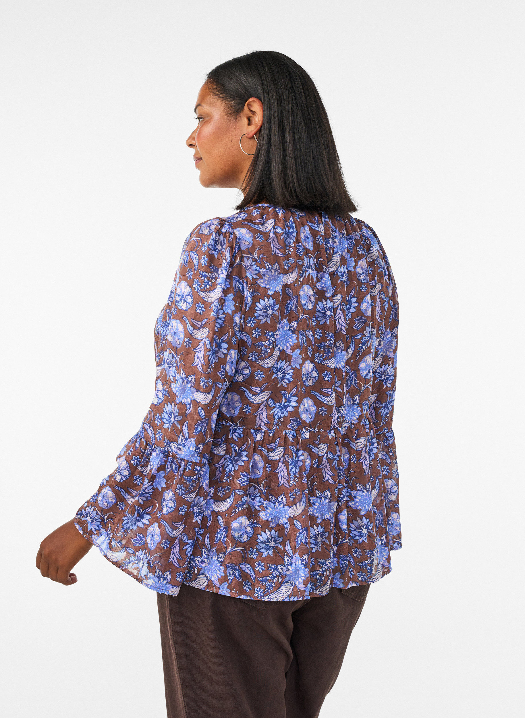 ZizzifashionFloral blouse with ruffle sleeves, Brown, Model image number 2