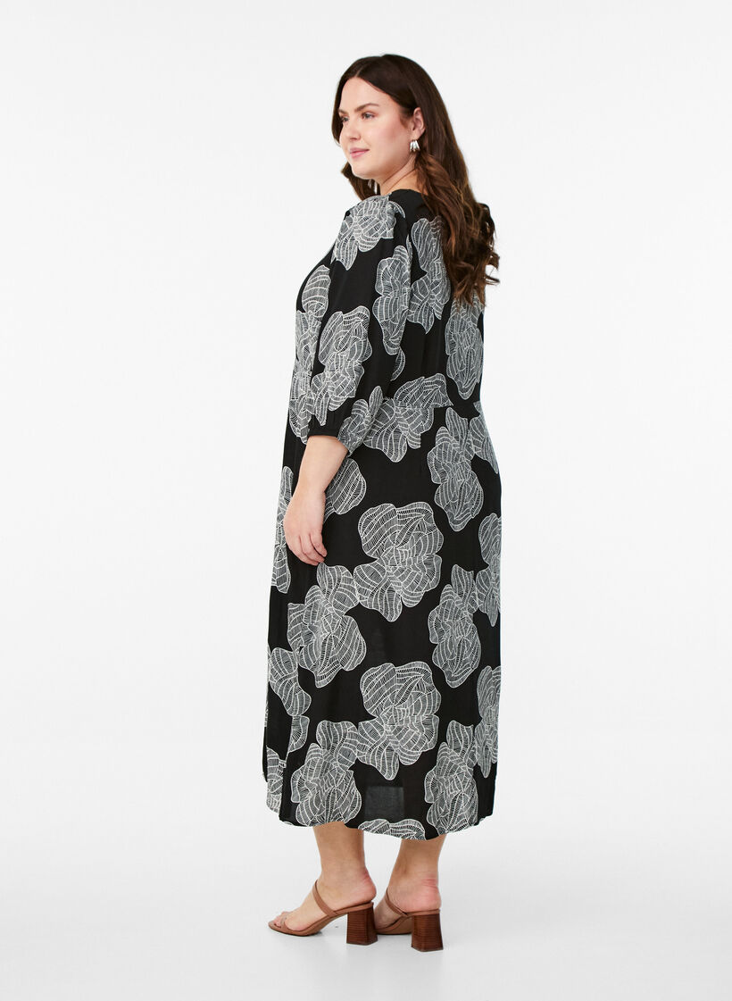 Midi dress with floral print and 3/4 sleeves, Black, Model image number 2