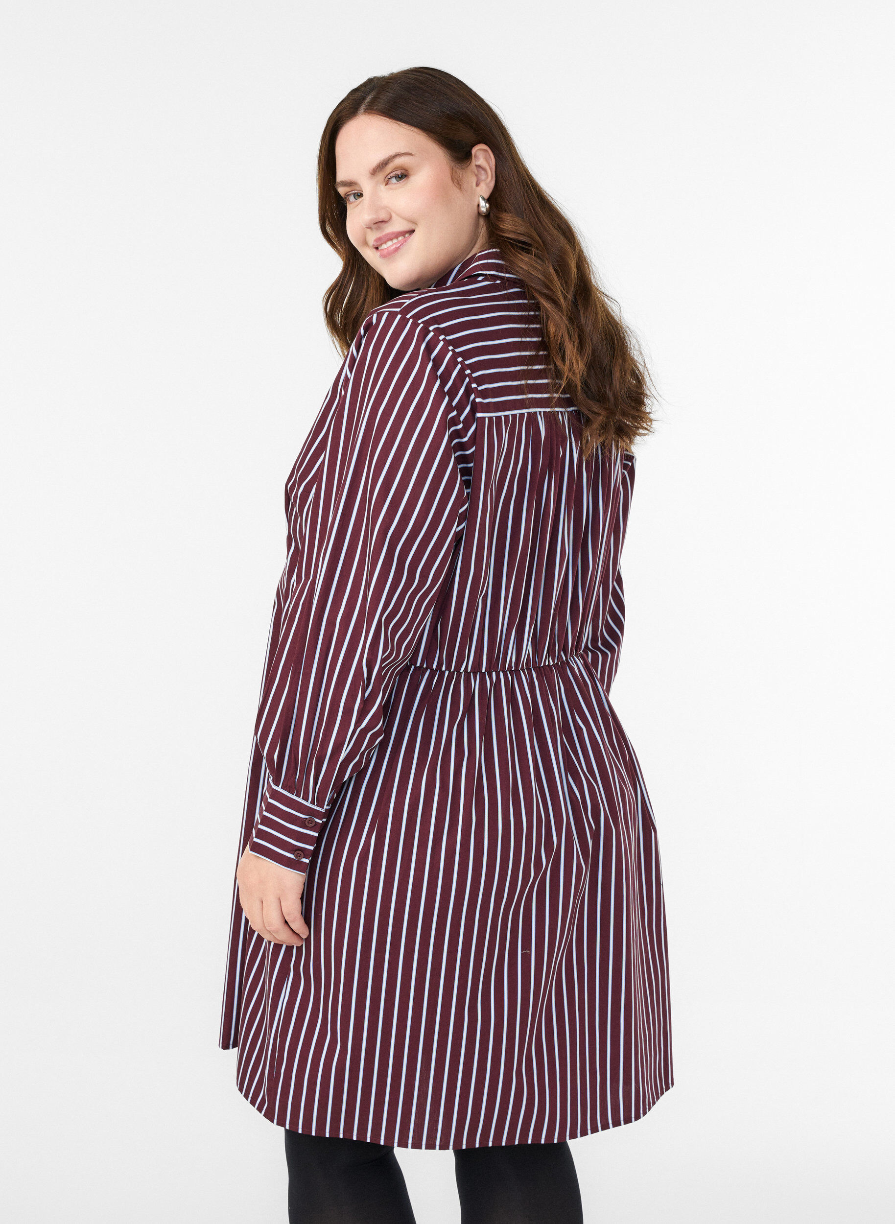 Zizzifashion Striped shirt dress with an elasticated waist, Dark Bordeaux, Model image number 2