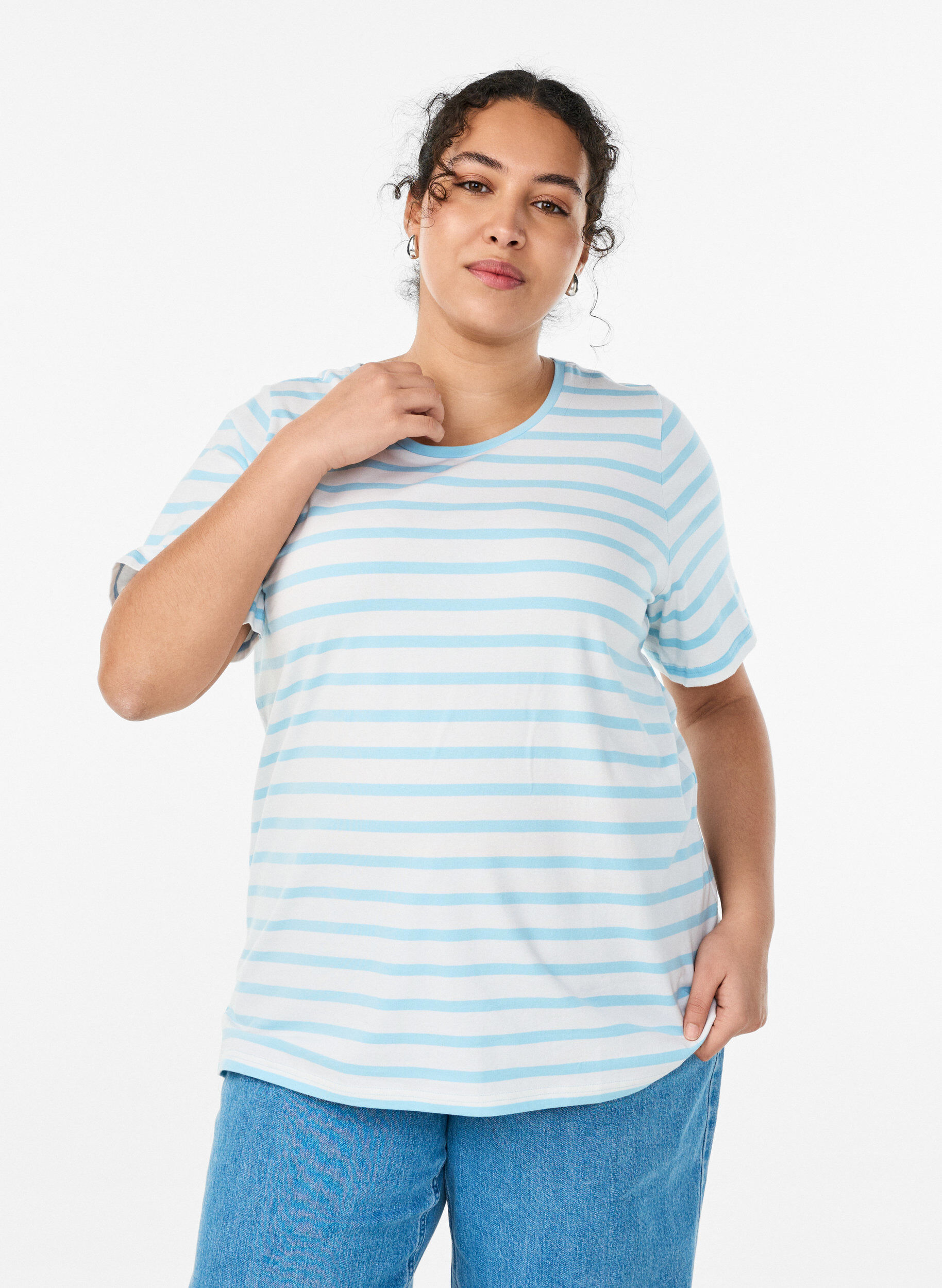 Striped T-shirt in organic cotton, Light Blue, Model