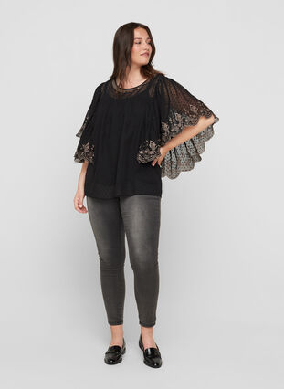 Textured blouse with embroidery, Black, Model image number 2