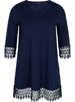 Cotton tunic with 3/4-length sleeves and lace details, Night Sky, Packshot image number 0
