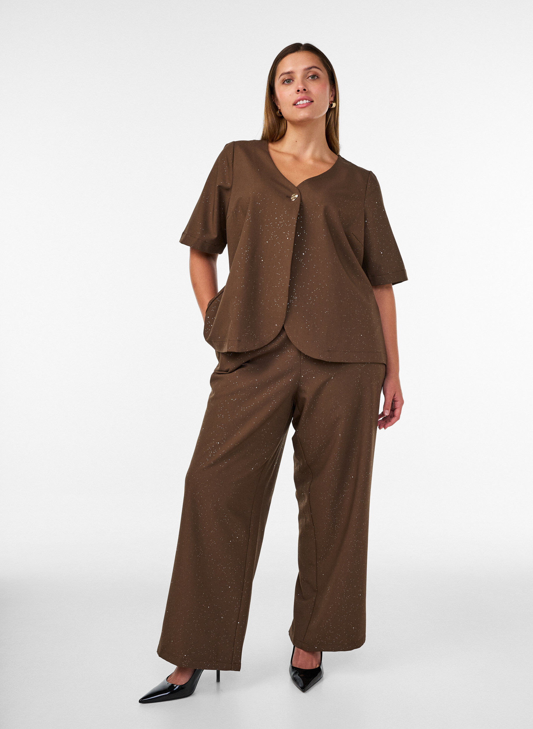 ZizzifashionTrousers with glitter and wide legs, Brown, Model image number 0