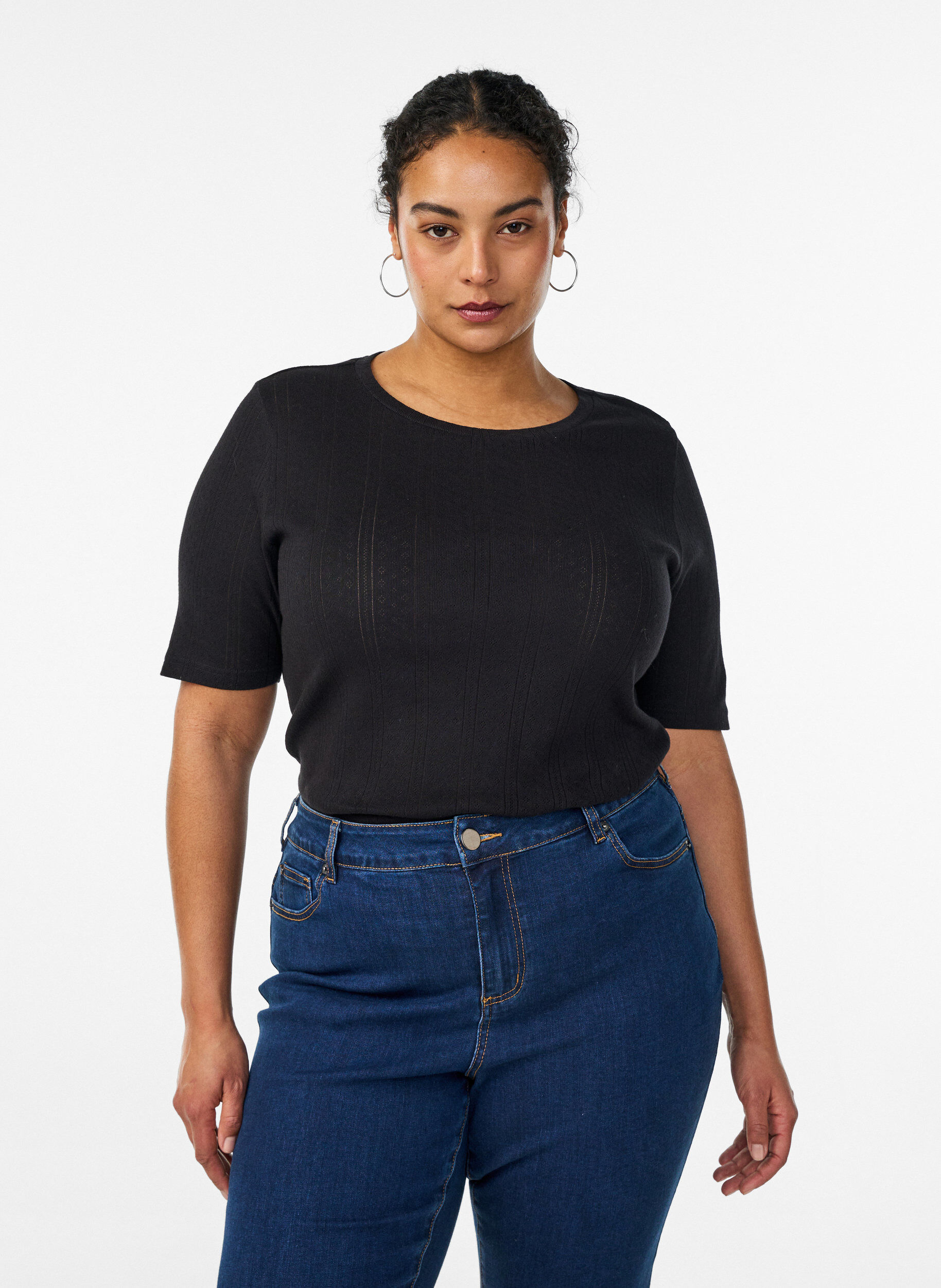 Cotton T-shirt with eyelet embroidery, Black, Model