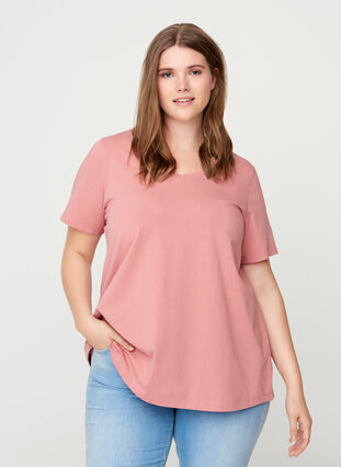Basic t-shirt with v-neck, Rosa, Model image number 0
