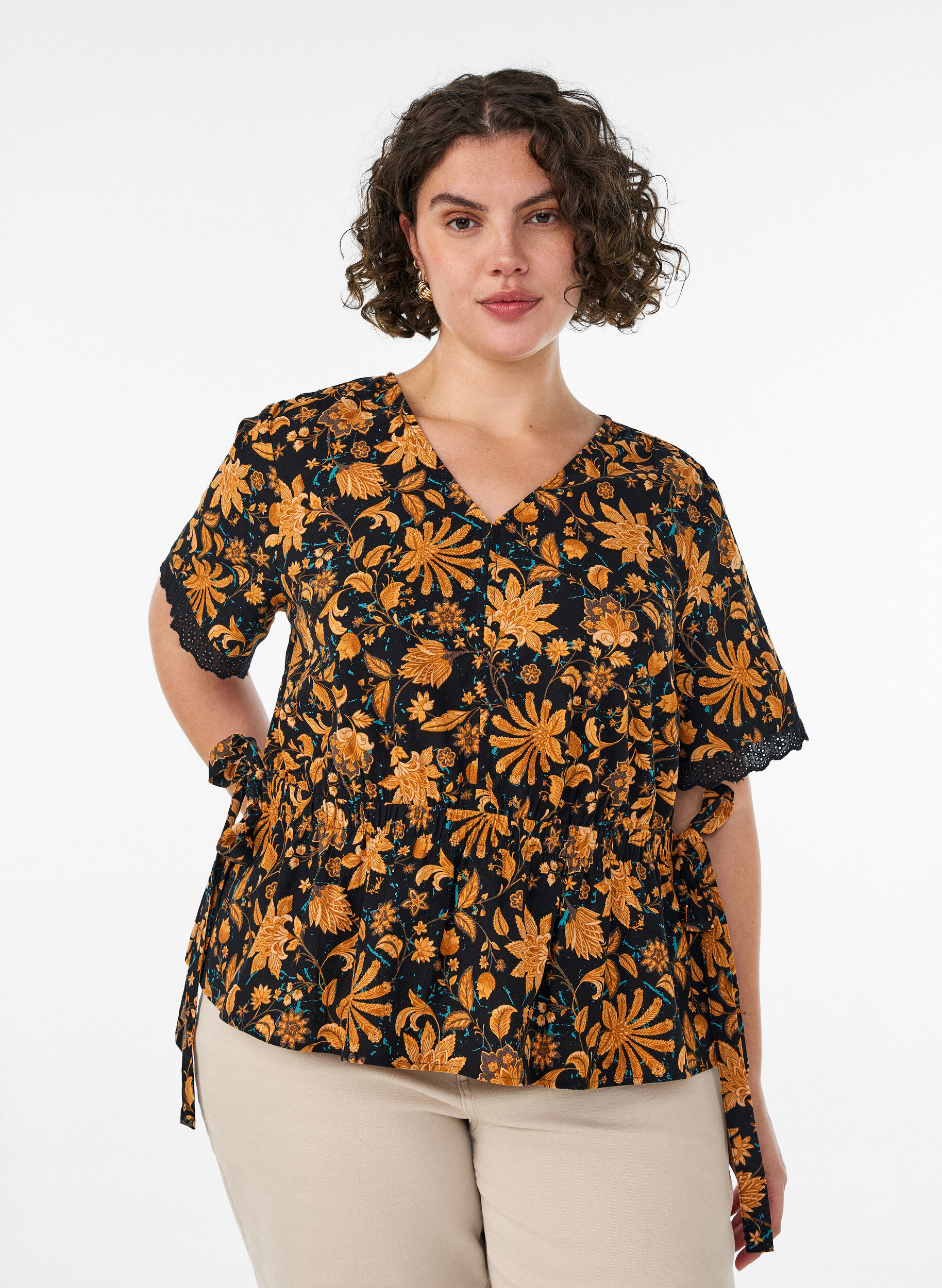 Zizzifashion Floral cotton blouse with tie-fastening, Orange, Model image number 0