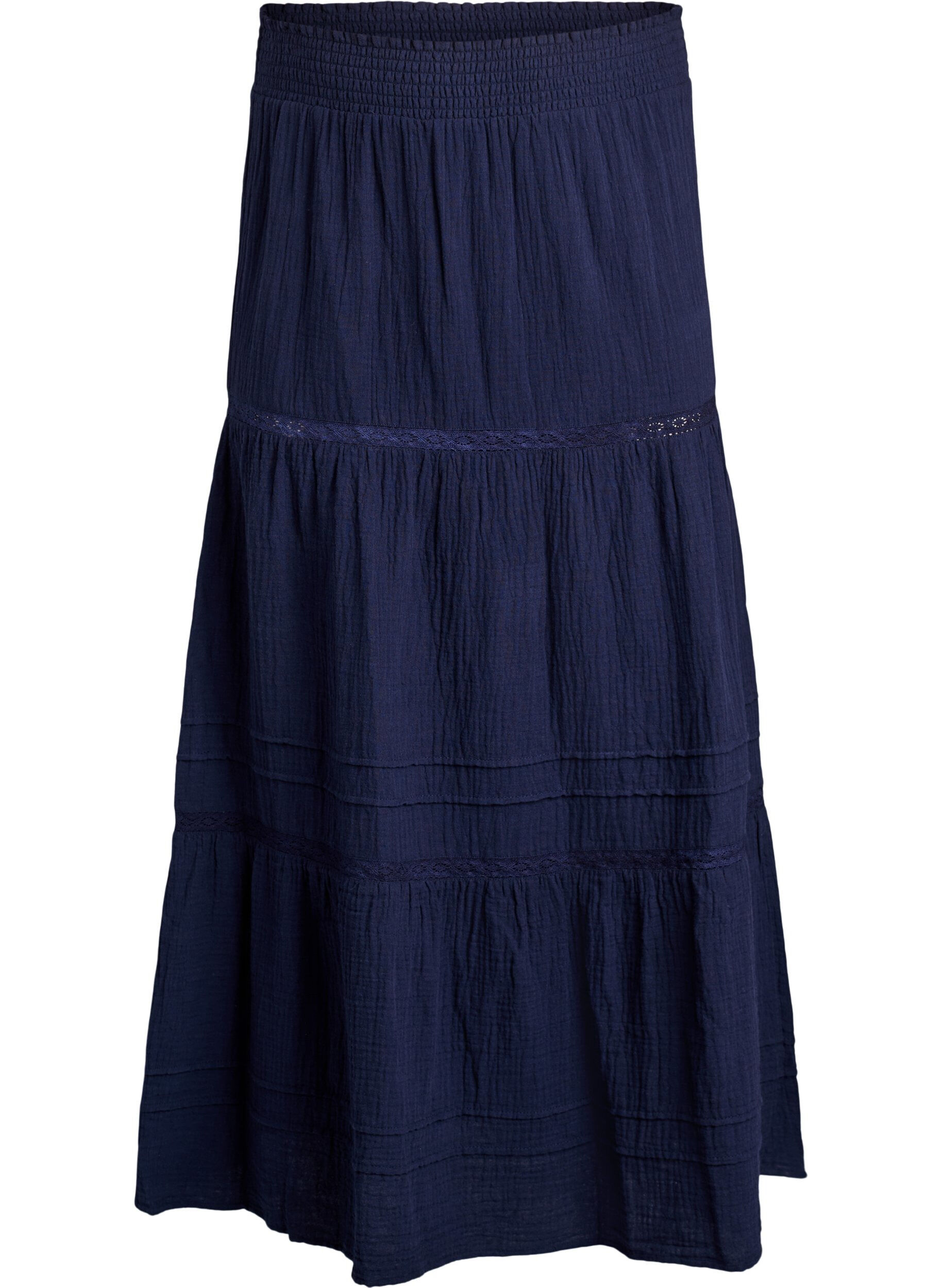 Zizzifashion A-line midi skirt in cotton muslin with crochet band, Blue, Packshot image number 0