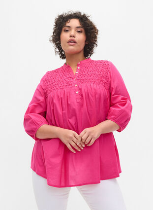 Cotton blouse with 3/4 sleeves and smock, Fuchsia Purple, Model image number 0
