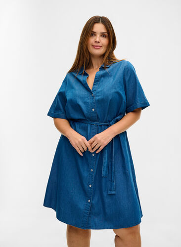 Cotton denim dress with waist belt, Medium Blue, Model image number 0