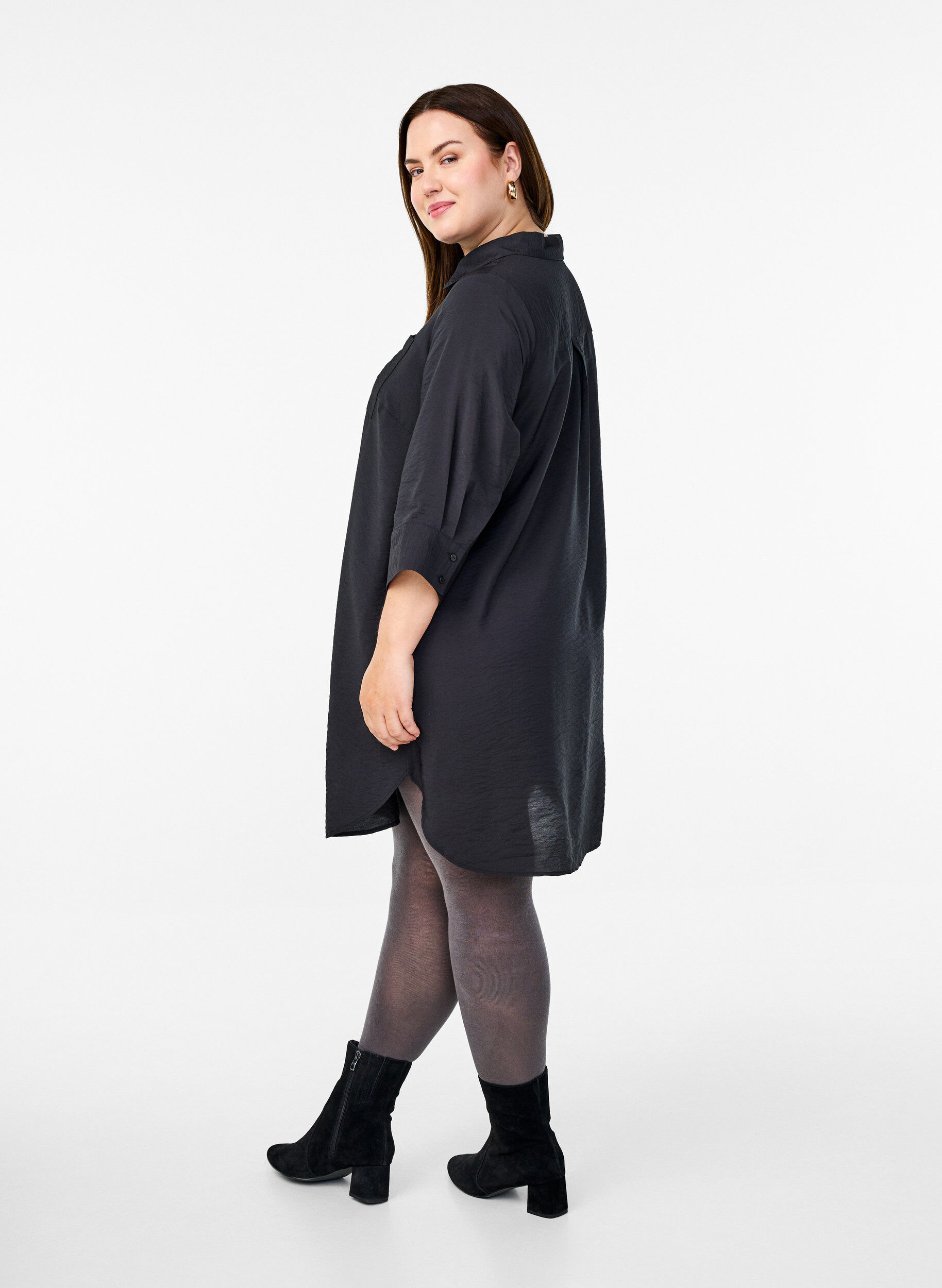ZizzifashionShort dress with collar and chest pocket, Black, Model image number 2