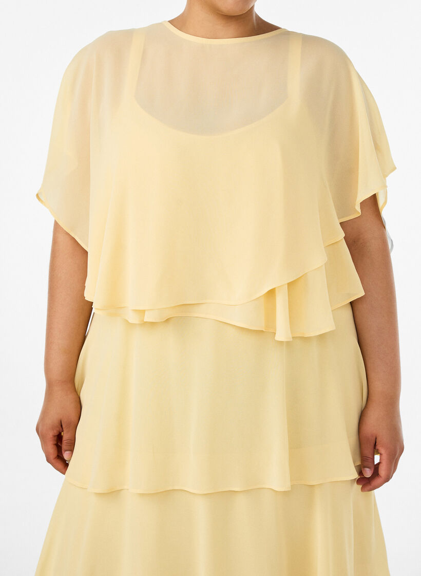 Maxi dress with ruffle layers and detachable cape, Yellow, Model image number 2