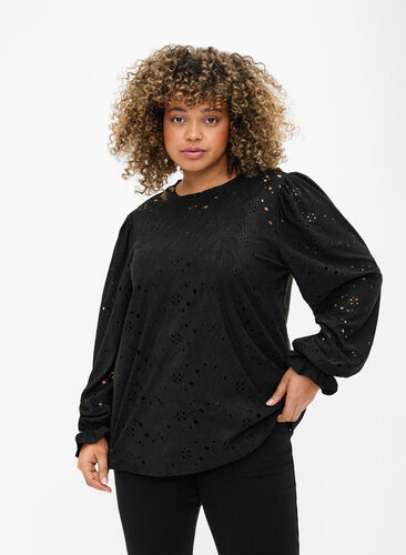 Long-sleeved blouse with hole pattern, Black, Model image number 0