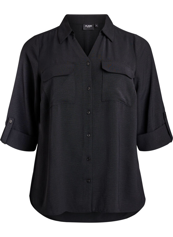 Shirt with chest pockets and 3/4 sleeves, Black, Packshot image number 0