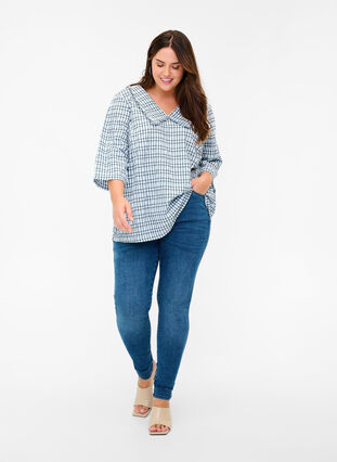 Checked blouse with 3/4 sleeves and ruffled collar, Light Blue Check , Model image number 2