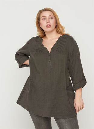 Cotton tunic with 3/4-length sleeves, Khaki As Sample, Model image number 0