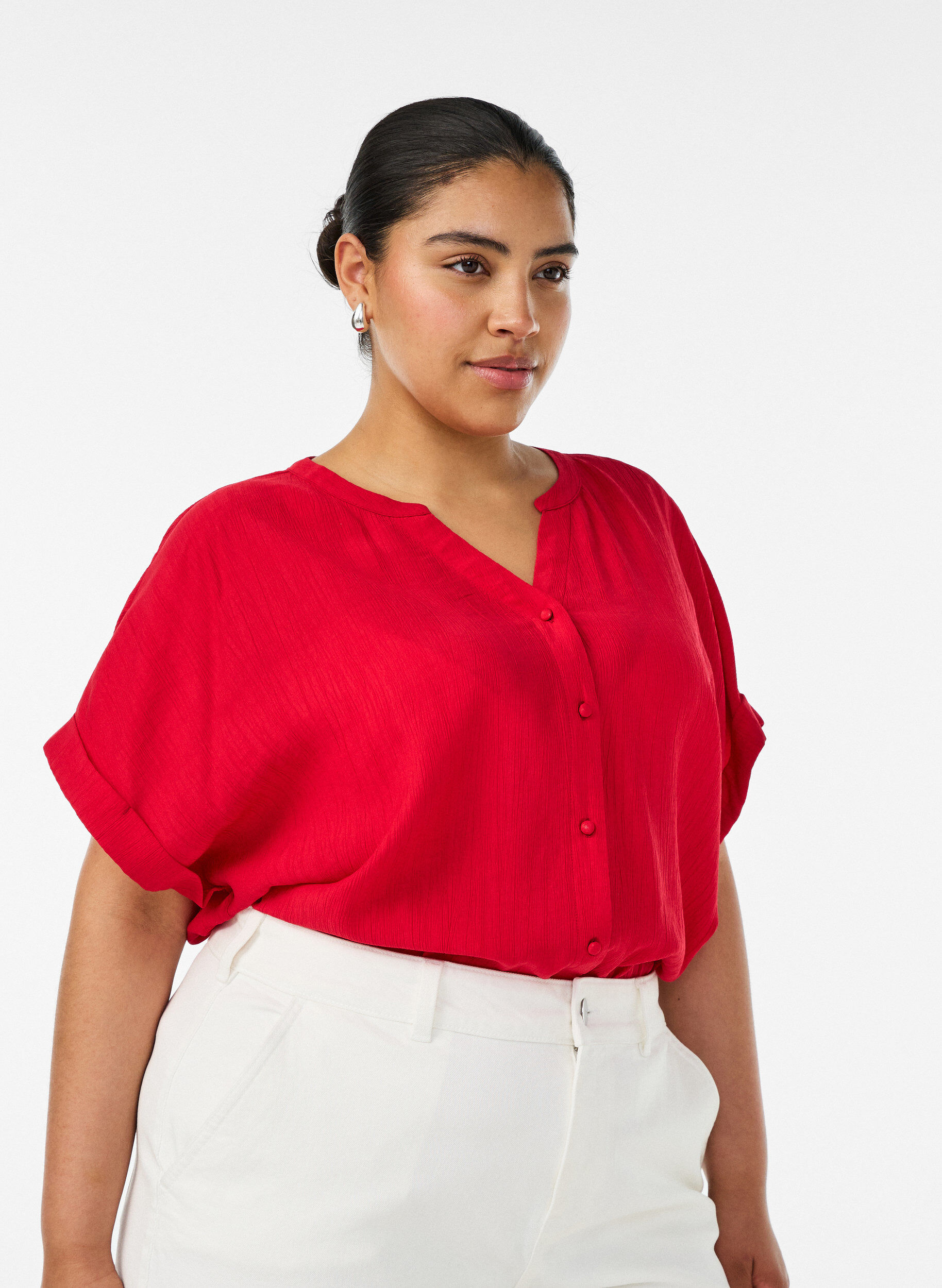 Zizzifashion Viscose blouse with buttons and texture, Red, Model image number 0