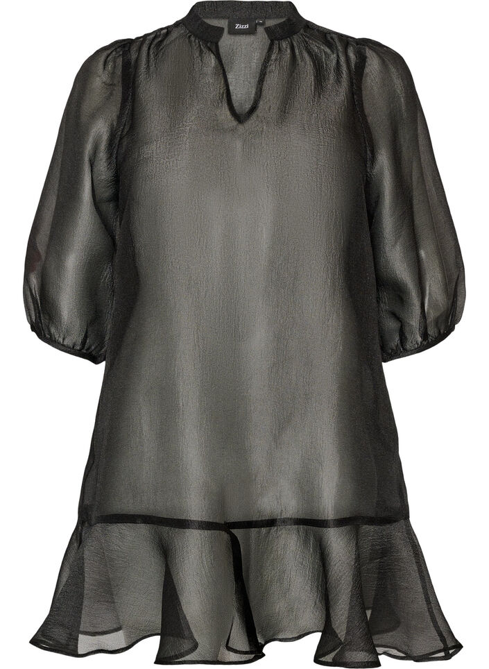 Short organza dress with ruffle hem, Black, Packshot image number 0