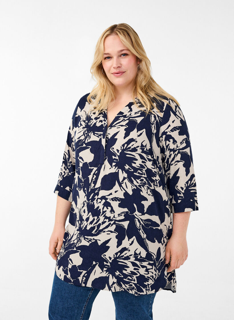 Tunic with print and 3/4 sleeves, Navy Blazer AOP, Model image number 0