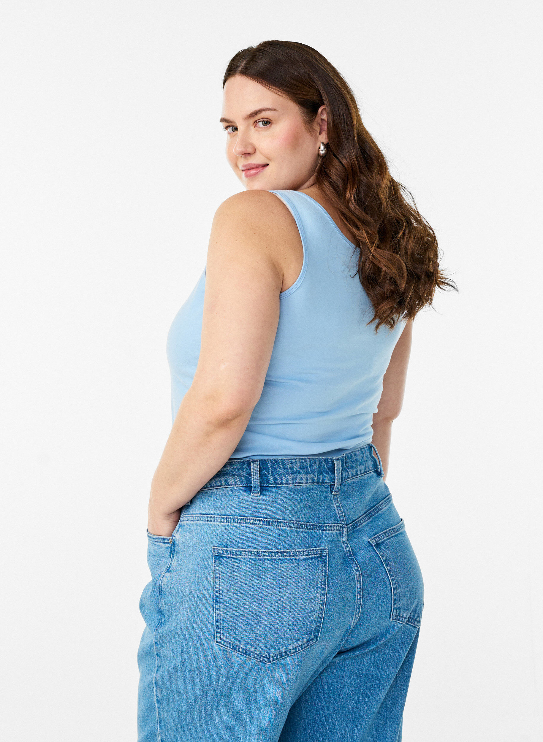 ZizzifashionSolid color basic top in cotton, Light Blue, Model image number 2