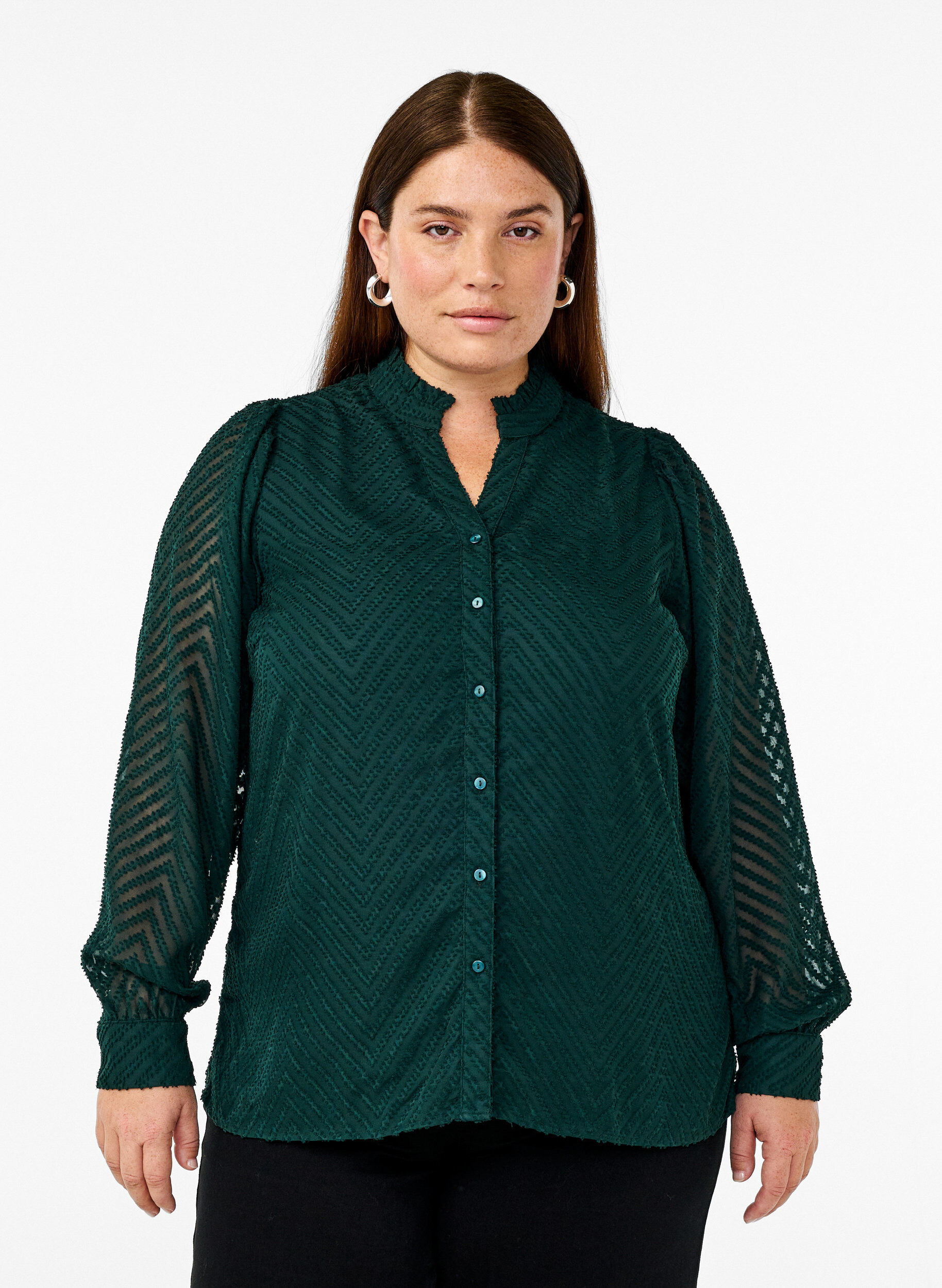 Zizzifashion Shirt with texture and a ruffled collar, Green, Model image number 0