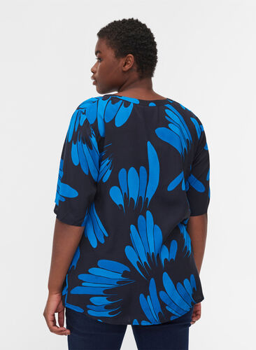 Printed viscose blouse with v-neckline, Dark Blue AOP, Model image number 1