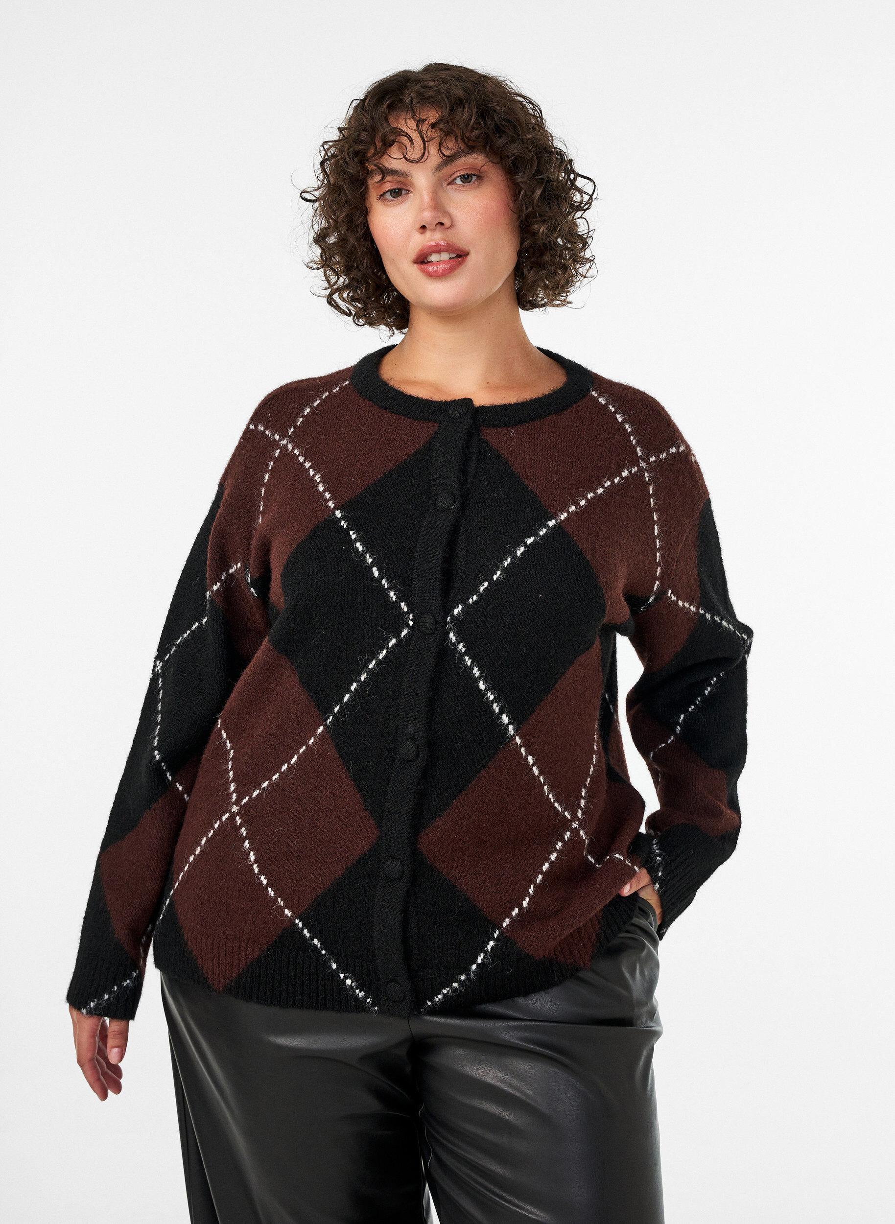 ZizzifashionCardigan with argyle pattern, Black, Model image number 0