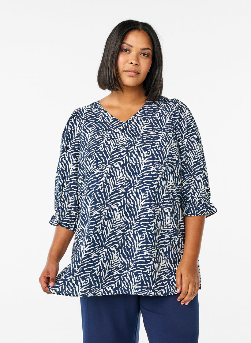 Tunic with 3/4 sleeves and a V-neck, Blue, Model image number 0