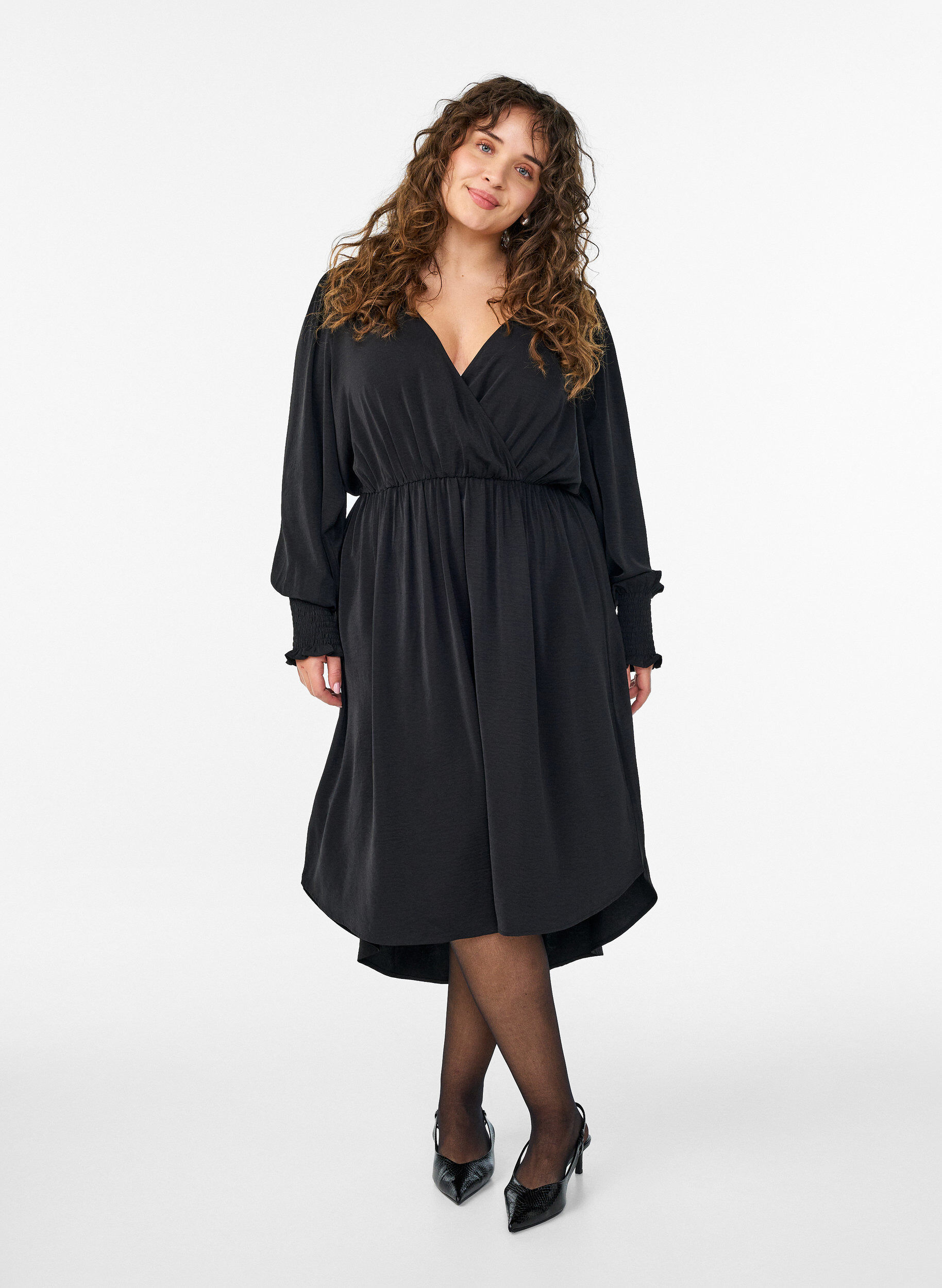 Midi dress with wrap-look and smock sleeves, Black, Model