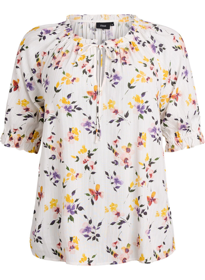 Floral viscose blouse with half-length sleeves, White, Packshot image number 0