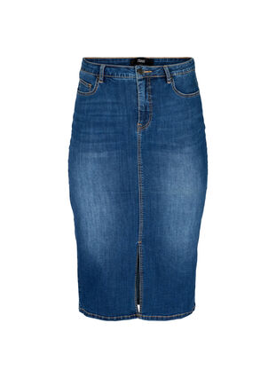 Denim midi skirt with slits, Dark blue denim, Packshot image number 0