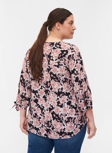 Floral viscose blouse with 3/4 sleeves, Black Flower AOP, Model image number 1