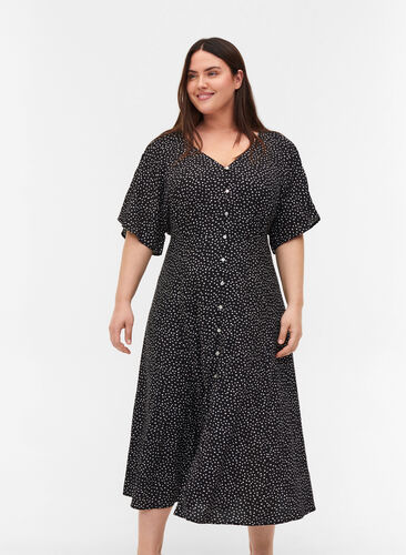 Viscose midi dress with polka dots and buttons, Black w. Dot, Model image number 0