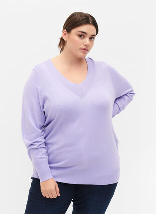 Viscose knitted top with v-neckline, Lavender, Model image number 0