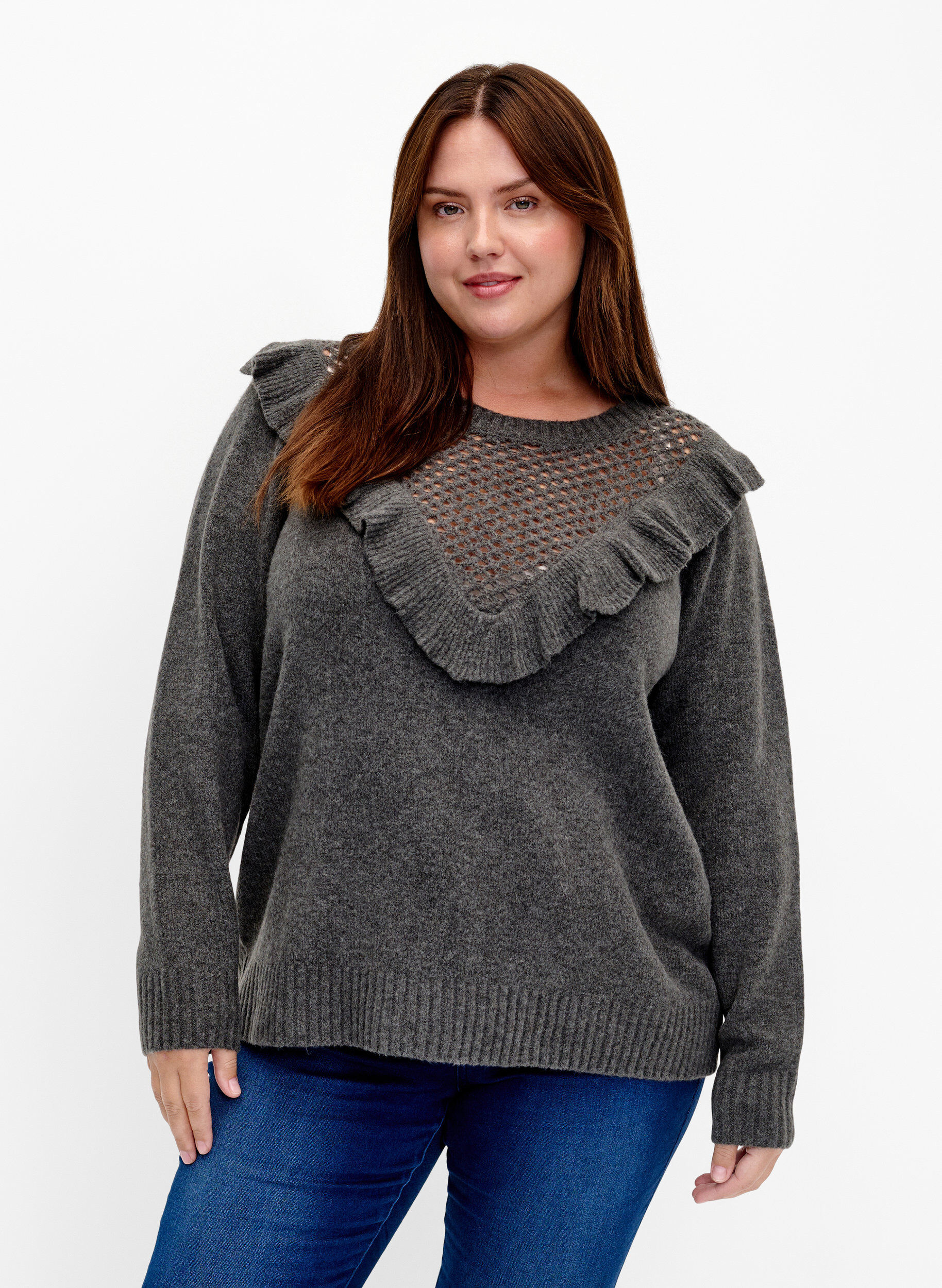 Zizzifashion Knitted wool sweater with ruffle detail, Dark Grey Melange, Model image number 0