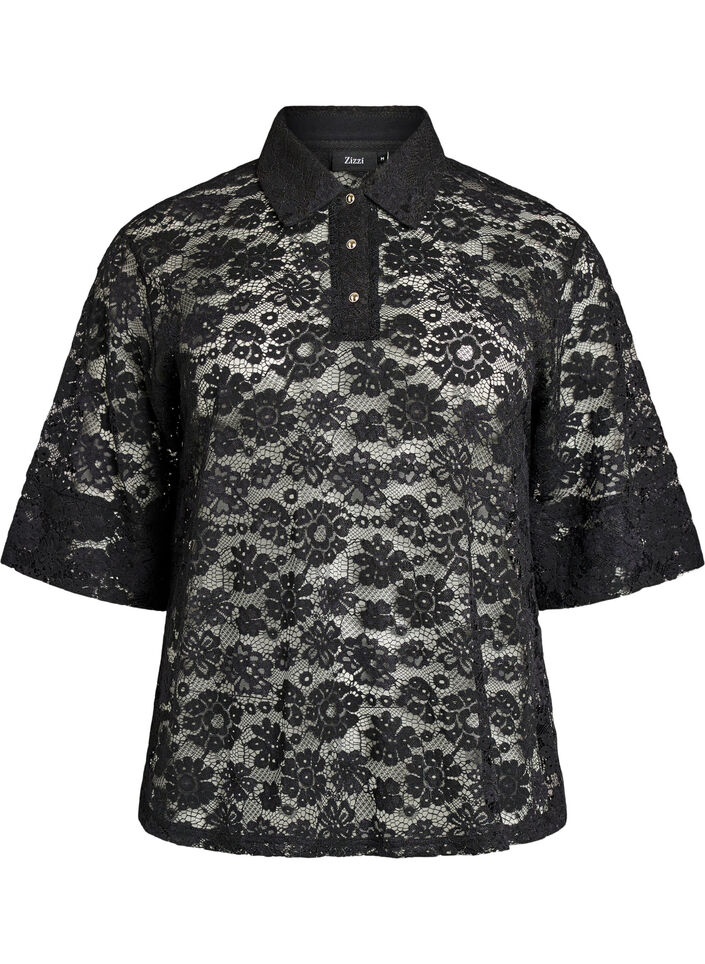 Lace blouse with collar and 1/2 sleeves, Black, Packshot image number 0